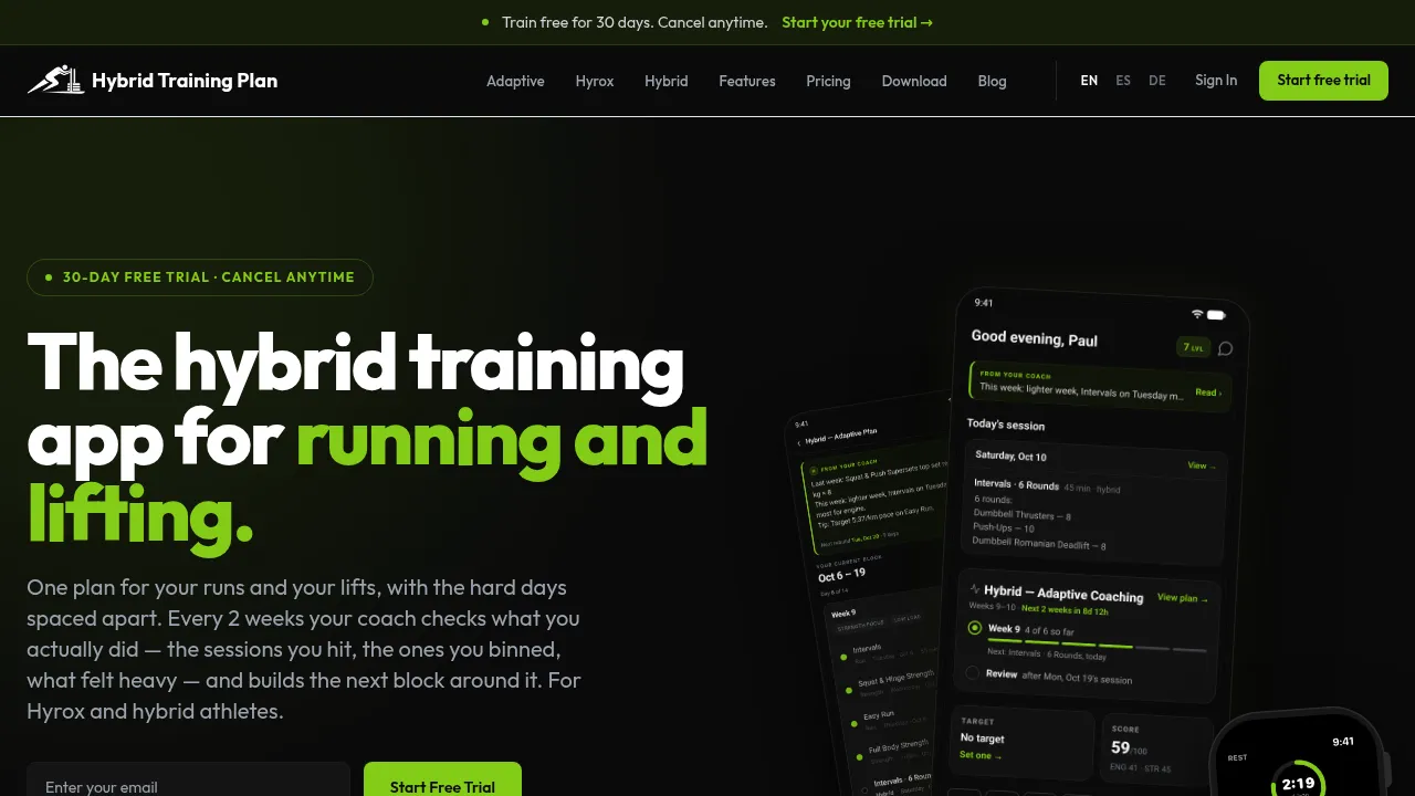 A screenshot of hybridtrainingplan.app